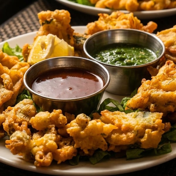 Crispy fried pakoras with two dipping sauces and a lemon wedge on a white plate.