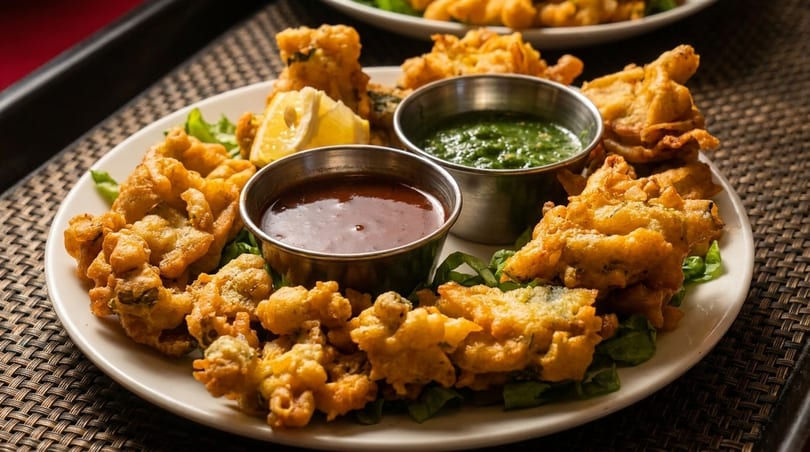 Crispy fried pakoras with two dipping sauces and a lemon wedge on a white plate.