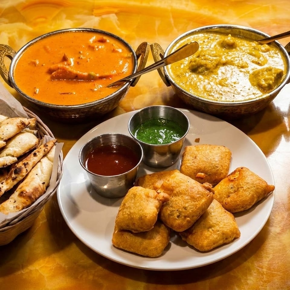 Indian feast with chicken tikka masala, saag paneer, basmati rice, naan, and samosas with chutneys.