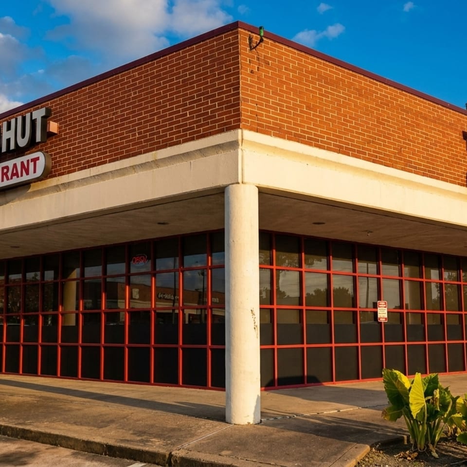 Exterior of Tandoori Hut Indian Restaurant, a brick building with large windows and red trim.