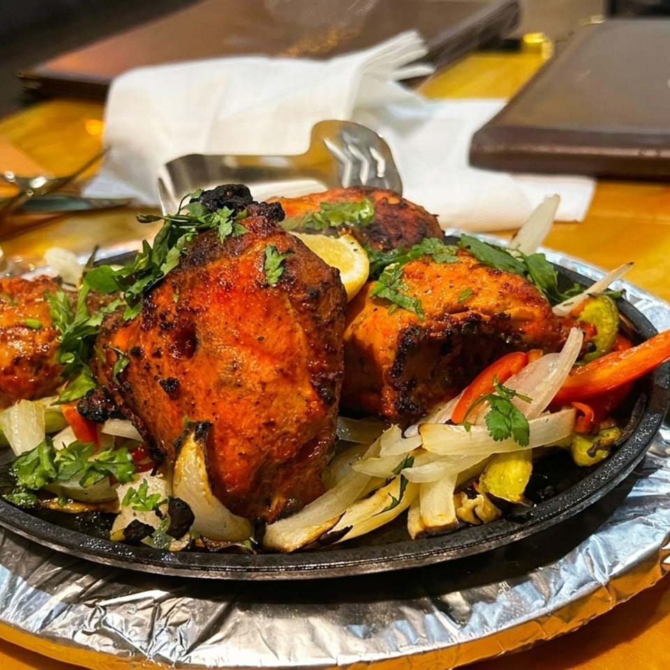 Sizzling chicken tikka with onions, peppers, and cilantro on a hot plate, with a wine glass nearby.