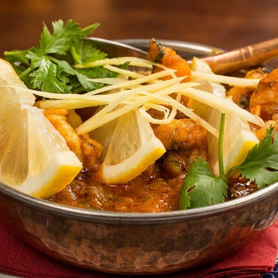 Indian curry in a copper bowl, garnished with lemon wedges, ginger strips, and cilantro.