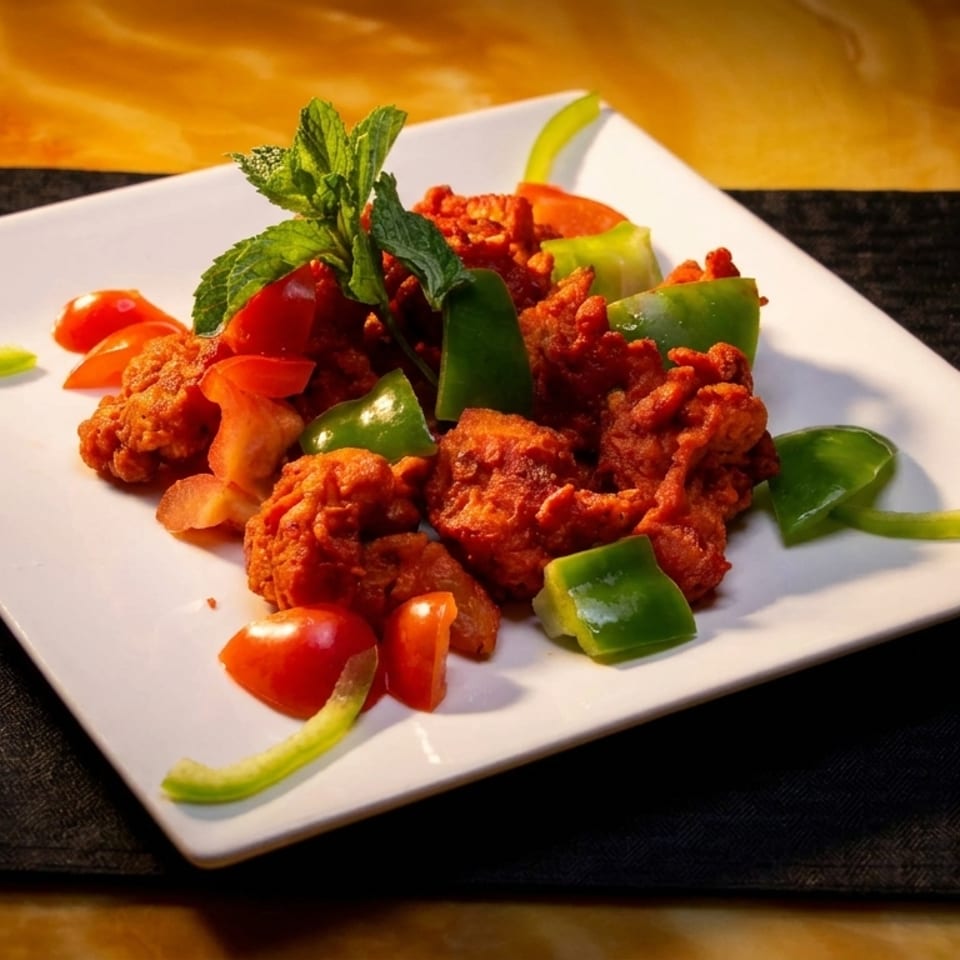 Spicy red chicken pieces with green bell peppers, tomatoes, and mint on a white plate.