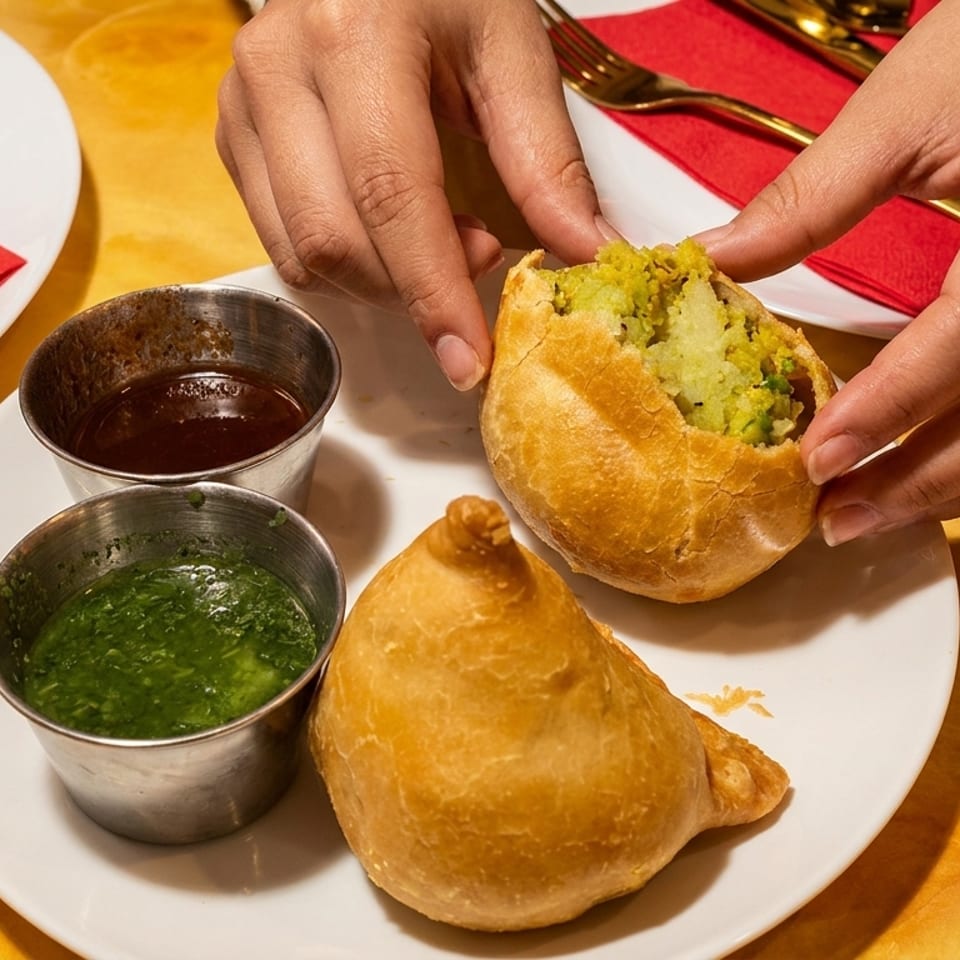 Hands opening a samosa to reveal the potato and pea filling, with chutneys on a plate.