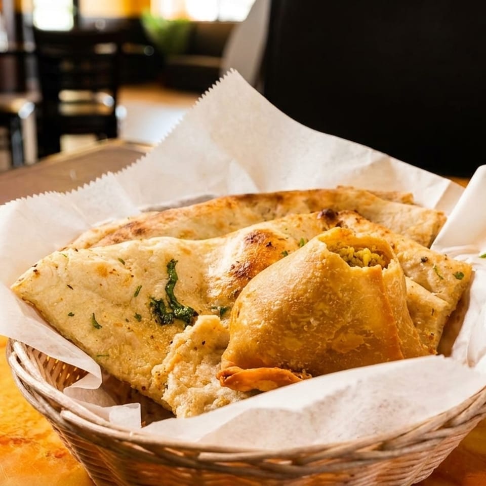 A woven basket holds naan bread and a samosa, with a restaurant interior blurred in the background.
